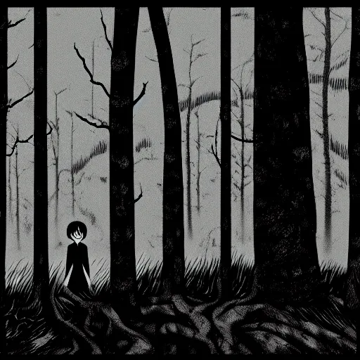 Prompt: in the style of sui ishida, junji ito, rafael albuquerque, transparent ghost screaming, in the woods, moody lighting