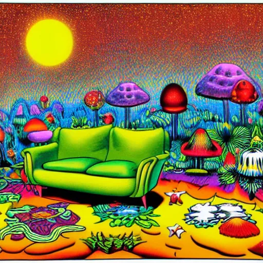 Image similar to psychedelic trippy couch in the lush forest, planets, flowers, mushrooms milky way, sofa, cartoon by carl barks