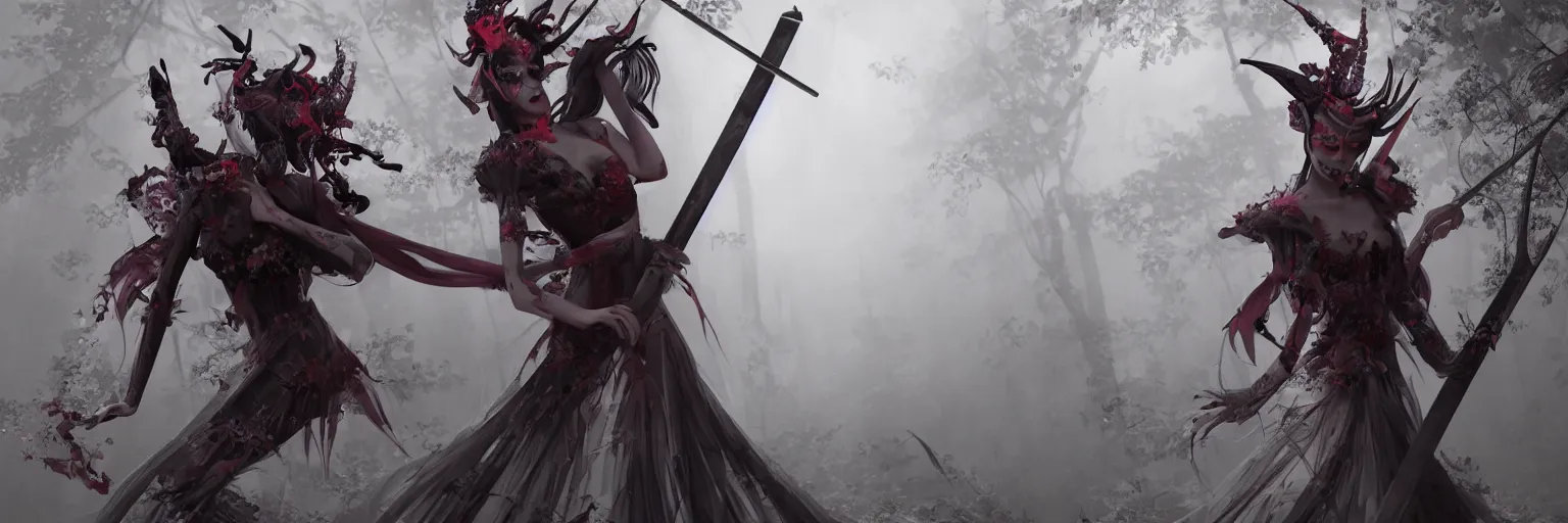 Prompt: a beautiful 3 d render of a giesha demon wearing a kimono + holding a samurai sword, innovative avant - garde art, deco fashion, photorealistic + in a serene forest setting!!!!!!!, concept art, award winning, 4 k, rule of thirds, volumetric lighting, hyper detailed, confident, moody, dramatic, octane render