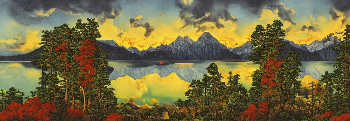 Prompt: escher painting of a lake, big trees reflecting on lake surface, mountains at background, fluffy clouds, sunset, yellow, green, red, snowy, ultra sharp, ultra detailed, horror emotion, colorized by salvador