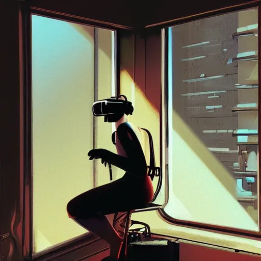 Prompt: illustration of a woman in vr headset sitting in cyberpunk room behind the window, by syd mead, greg rutkowski and ivan shishkin