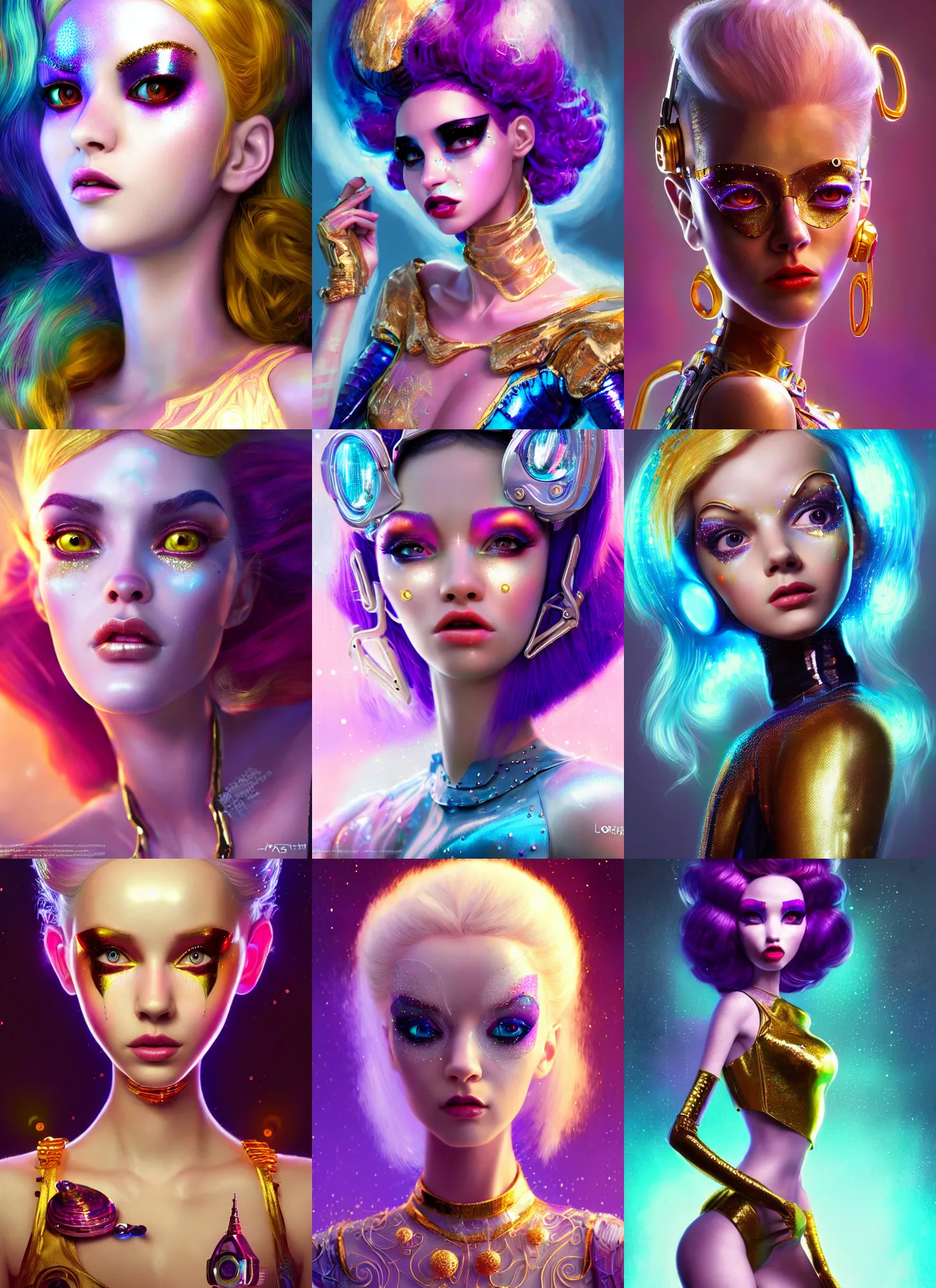 Prompt: pixar portrait 8 k photo, beautiful shiny white rich galactic gogo dancer clowncore russian cyborg college girl, golden ratio details, sci - fi, fantasy, cyberpunk, intricate, elegant, highly detailed, digital painting, ever after high, octane render, artstation, concept art, smooth, sharp focus, illustration, art by artgerm, loish, wlop