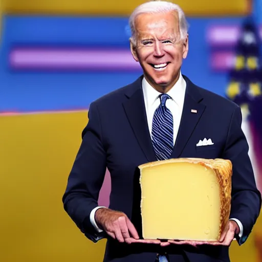 Image similar to Joe Biden proudly holding a prize winning piece of cheese