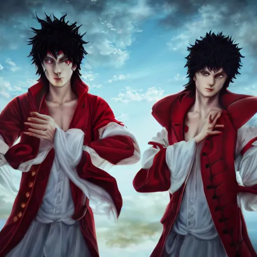 Prompt: Epic rococo painting of two young identical twins males, with white skin, long white hair and red eyes. Wearing red clothes. Middle age. Shin megami tensei style, ultra-detailed. Anime, pixiv, UHD 8K CryEngine, octane render