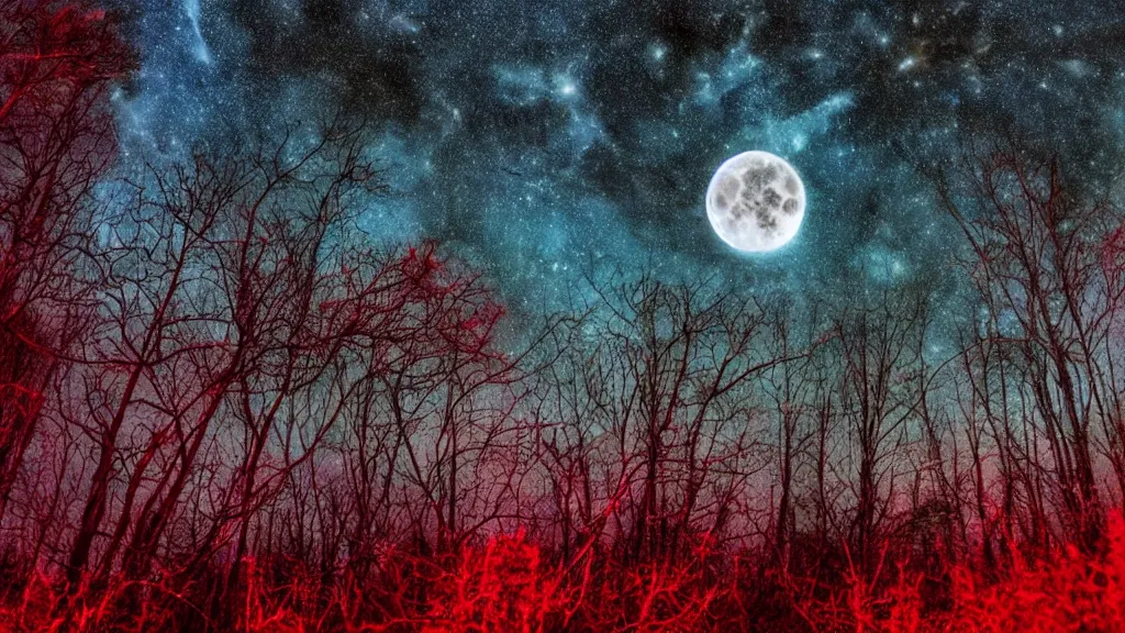 Image similar to (((psychedelic))) 8k ultra realistic night time photography of a mystical cosmic night sky with red smoke and a perfect huge full moon, A glimpse through a small gap in the dark green foliage and overgrowth and the trees of the huge gibbous full moon over water in a dark sky. wreathed in red smoke!!!, starlight, night-time, dark enclosed, cozy, quiet forest night scene, spangled, cosmic