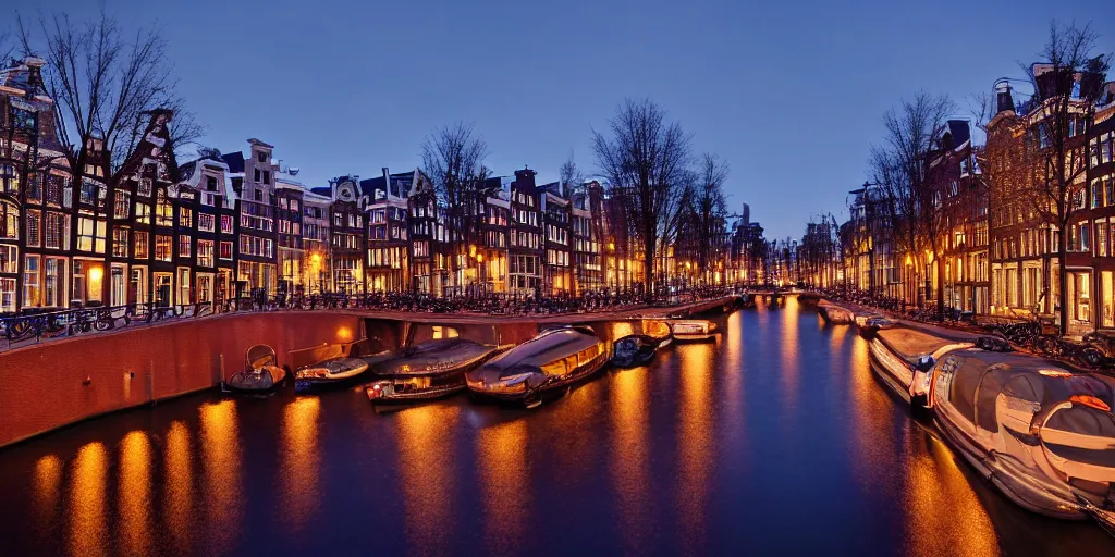 Image similar to realistic photo of Amsterdam ar night, leica, medium format, 8K, hyper realistic, very detailed,