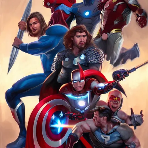 Prompt: Avengers vs Justice League by Mandy Jurgens