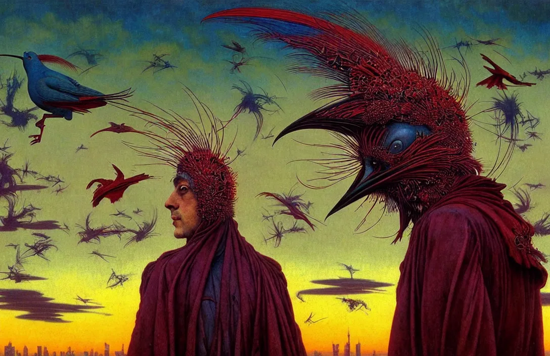 Image similar to realistic detailed portrait movie shot of a birdman wearing dark ragged robes, futuristic city sunset landscape background by denis villeneuve, amano, yves tanguy, alphonse mucha, ernst haeckel, max ernst, wayne barlowe, masterpiece, rich moody colours, bird head, blue eyes, hyperdetailed