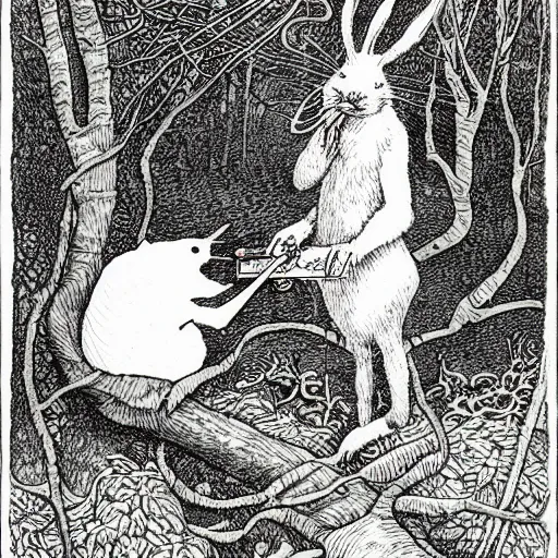 Image similar to a pen and ink drawing of a white rabbit smoking a cigarette while reclining in a deep dark tangled forest, a lingering smoke cloud, childrens book illustration, by edward gorey, by gustav dore