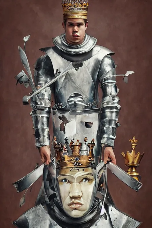 Image similar to a painting of magnus carlsen on a chess knight as king of chess, a surrealist painting by james jean, trending on cgsociety, pop surrealism, androgynous, grotesque, angular