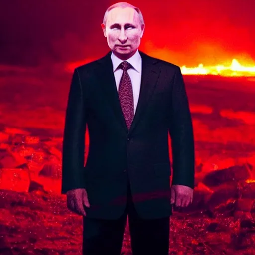 Image similar to putin with face lit by red glow at midnight, atmospheric epic award winning photo with volumetric cinematic lighting. huge pile of dead bodies in the background