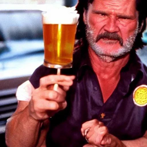 Image similar to Big trouble in little China, Jack Burton drinking beer, Chinatown bar, amazing shot, colorized, 1987