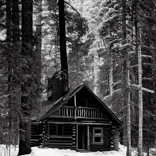 Image similar to a photo of a Eerie cabin in the middle of the woods photographed by Ansel Adams