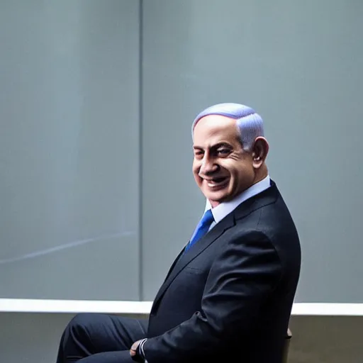 Prompt: A portrait of Benjamin Netanyahu grinning, ominous atmosphere