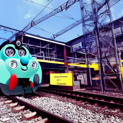 Prompt: thomas the tank engine collides with a bullet train, train accident