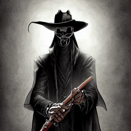 Image similar to a portrait of a plague doctor gunslinger, dark fantasy, horror, western, hell, ultrafine detailed digital pencil art by takeshi obata and mike mignola, death note style, colored by greg rutkowski, symmetric body, cgsociety, sharp focus, detailed face, looking at the camera