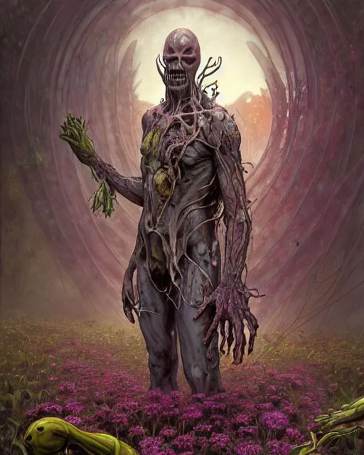 Prompt: the platonic ideal of flowers, rotting, insects and praying of cletus kasady carnage thanos davinci dementor chtulu mandala ponyo dinotopia the witcher, fantasy, ego death, decay, dmt, psilocybin, concept art by randy vargas and greg rutkowski and zdzisław beksinski