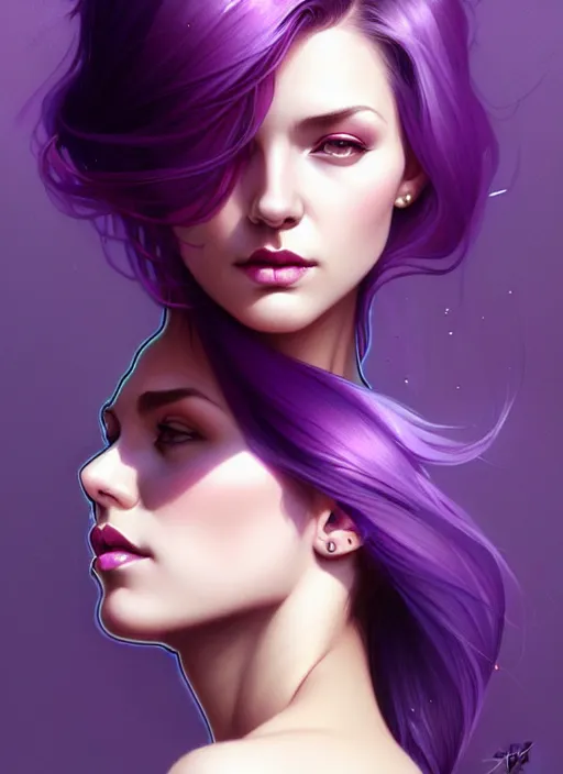 Image similar to Purple hair, creative colouring Portrait of woman, fashion, intricate, elegant, highly detailed, digital painting, artstation, concept art, smooth, sharp focus, illustration, art by artgerm and greg rutkowski and alphonse mucha