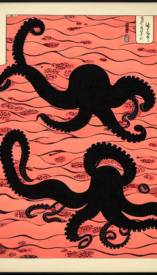 Prompt: an angry black octopus in a frothy red ocean, ukiyo-e