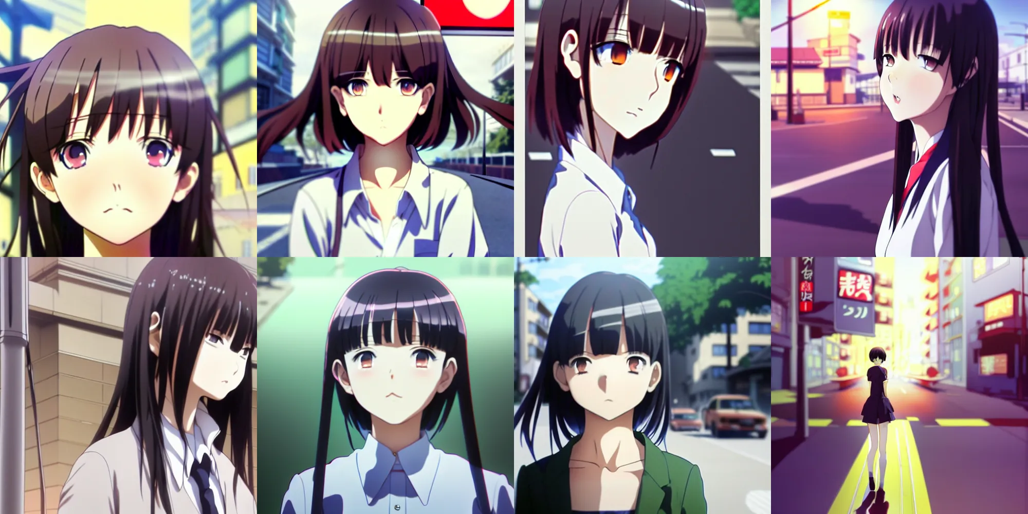 Prompt: anime still film anime shikishi, the female character walking past a traffic light, cute face by ilya kuvshinov yoshinari yoh makoto shinkai katsura masakazu kyoani, dynamic perspective pose super detailed facial features eyebrowless symmetry, gapmoe yandere grimdark, crisp and sharp cel shade ambient light n