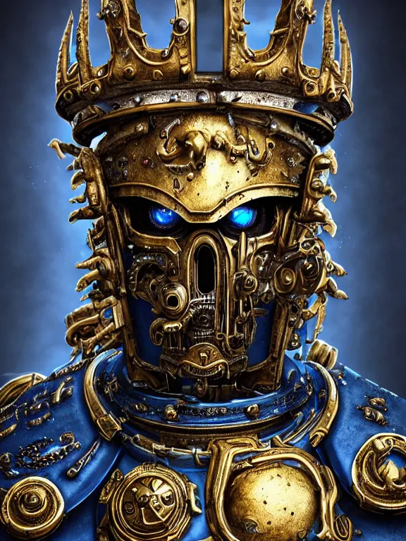 Prompt: portrait art of 8k ultra realistic undead eldritch horror blue space marine king, detailed ornate gold crown, detailed intricate ornate armour,decaying, cybernetic, full of colour, cinematic lighting, battered, trending on artstation, 4k, hyperrealistic, focused, extreme details,unreal engine 5, cinematic, masterpiece, art by ayami kojima, giger