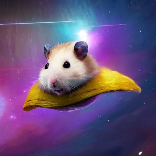 Prompt: Epic digital art of cute hamster flying in galaxy, the best on ArtStation, cinematic, detalied, high quality, profesional, 8k, CGSociety,