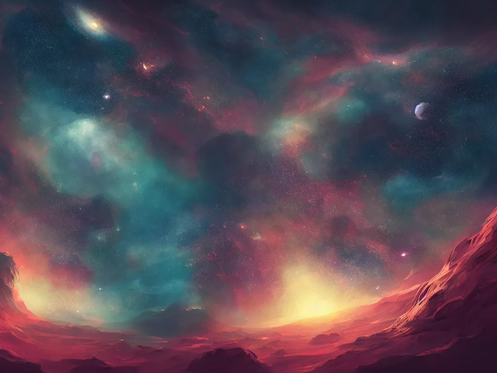 Image similar to a vast galaxy, five planets, intricate, fantasy, highly detailed, digital painting, concept art, sharp focus, illustration, beautiful volumetric lighting, deep dark, artstation, Profound and vast, black, by Elizabeth Miloecute