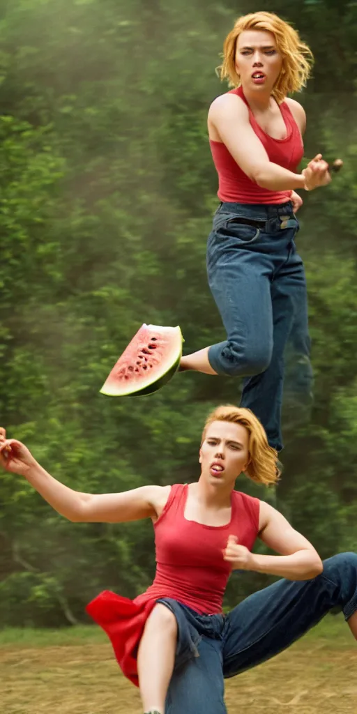 Image similar to scarlett johansson roundhouse kicking and smashing a watermelon, film still, highly detailed, film grain, behind the scenes, photorealism