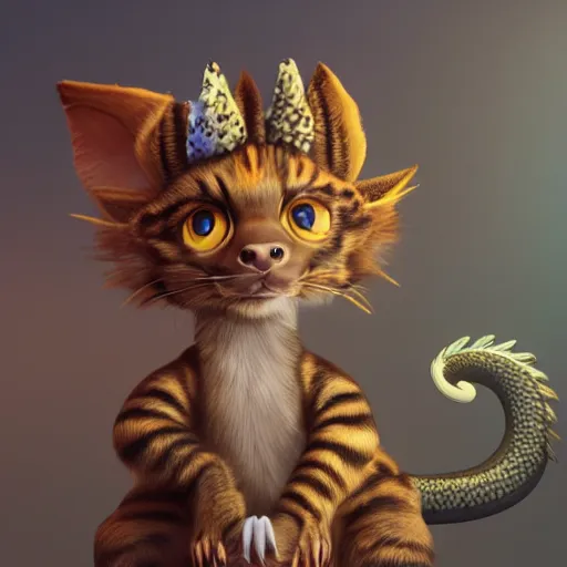 Image similar to a hyper realistic render of a cute eastern dragon with big eyes and friendly + a cute cat