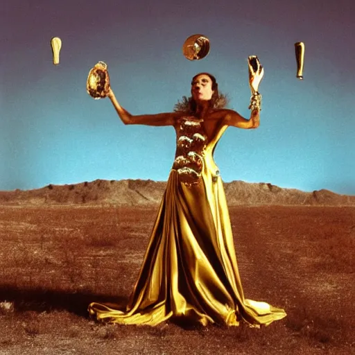 Image similar to salvador dali wearing a golden dress with jewels in a dry rocky desert landscape, visible sky and sunny atmosphere, fata morgana and giant square mirrors, film still from the movie by alejandro jodorowsky with cinematogrophy of christopher doyle and art direction by hans giger, anamorphic lens, kodakchrome, very detailed photo, 8 k