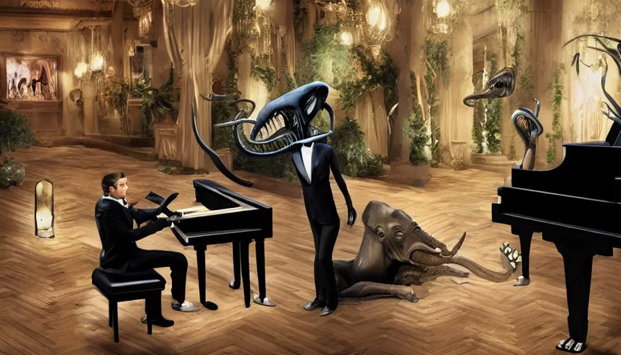 Image similar to a antropomorphic elephant dressing black tie and playing piano in a xenomorphic restaurant