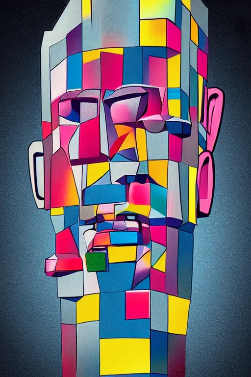 Image similar to cubist moai statue cutout digital illustration cartoon colorful beeple