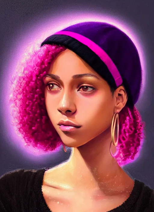 Image similar to portrait of teenage vanessa morgan with bright pink hair, black girl, curly pixie cut hair, wearing a purple breton cap, breton cap, hoop earrings, intricate, elegant, glowing lights, highly detailed, digital painting, artstation, concept art, smooth, sharp focus, illustration, art by wlop, mars ravelo and greg rutkowski