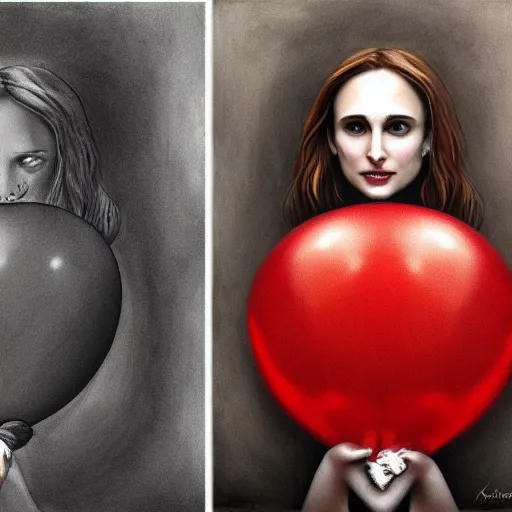 Image similar to surrealism grunge cartoon portrait sketch of natalie portman with a wide smile and a red balloon by - michael karcz, loony toons style, mona lisa style, horror theme, detailed, elegant, intricate