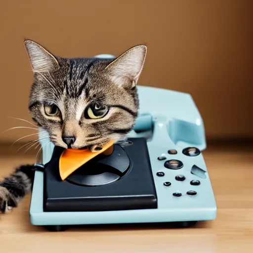 Image similar to photo of a cat laughing wide and hilariously into an old rotary phone that it is holding with its paw to its face. interior home office, at computer deist and keyboard and monitor, tec - supportt, it help, frustration, spilling coffee everywhere