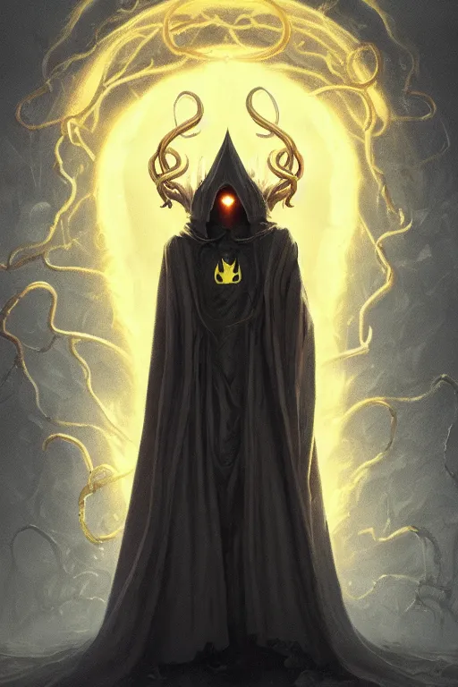 Image similar to A full body portrait of a mysterious character with no face with a very long hooded yellow cloak, a golden crown floating above his head tentacles coming out the ground art by James Paick, and Shaddy Safadi, ominous, cosmic horror, trending on artstation, Ultra detailed, hyper realistic 4k