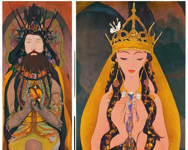 Image similar to a queen wearing a dress and a crown, and a veil on a stone throne by nicholas roerich, by gustave moreau, by james hawe, by yoshitaka amano, by georgia o keeffe, oil painting