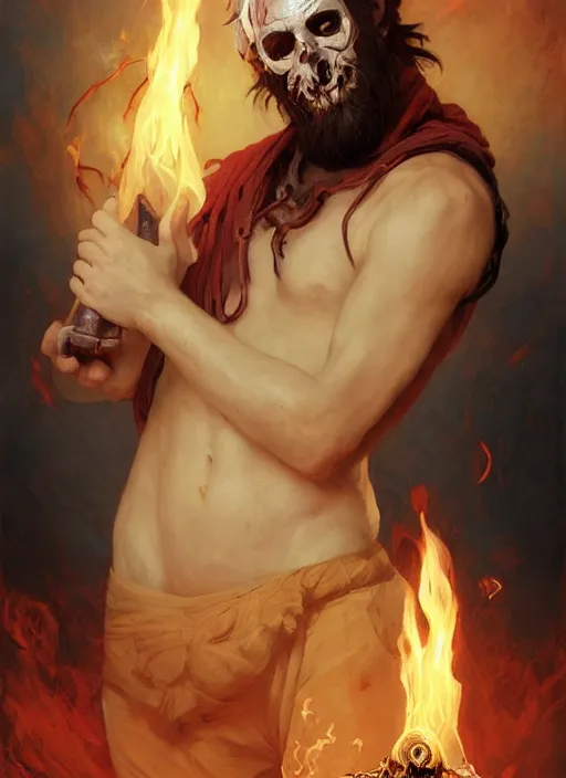 Prompt: character concept portrait of an attractive young focused Spanish wizard with pale red skin and a parital skull mask enchanting a flaming seduction spell, a floating burning spell book in the center, intricate, elegant, digital painting, concept art, smooth, sharp focus, illustration, from Metal Gear, by Ruan Jia and Mandy Jurgens and William-Adolphe Bouguereau, Artgerm