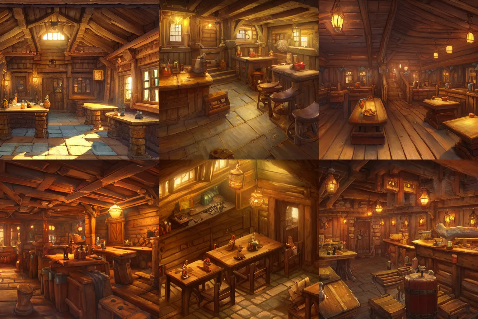 Prompt: a digital painting of an isometric wooden tavern interior by justin gerard, paul bonner, andreas rocha, rpg game environment asset, highly detailed, volumetric lighting, digital art, 2 d game art, isometric, artstation hd