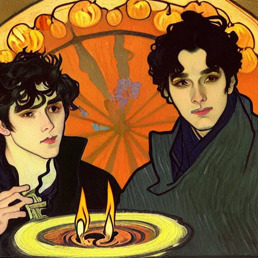 Image similar to painting of young cute handsome beautiful dark medium wavy hair man in his 2 0 s named shadow taehyung and cute handsome beautiful min - jun together at the halloween party, bubbling cauldron, candles, smoke, tarot, autumn colors, elegant, stylized, soft facial features, delicate facial features, art by alphonse mucha, vincent van gogh, egon schiele