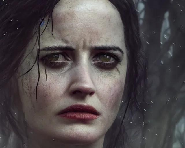 Prompt: 5 5 mm portrait photo of a real life tough looking battle hardened eva green as ciri with a thin face and a large scar across her left cheek, in a magical forest. dark atmosphere. art by greg rutkowski. highly detailed 8 k. intricate. lifelike. soft light. nikon d 8 5 0.