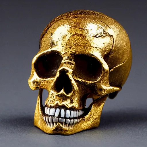 Image similar to a orante human skull with rococo carvings and gold plated detailing encased in an icecube