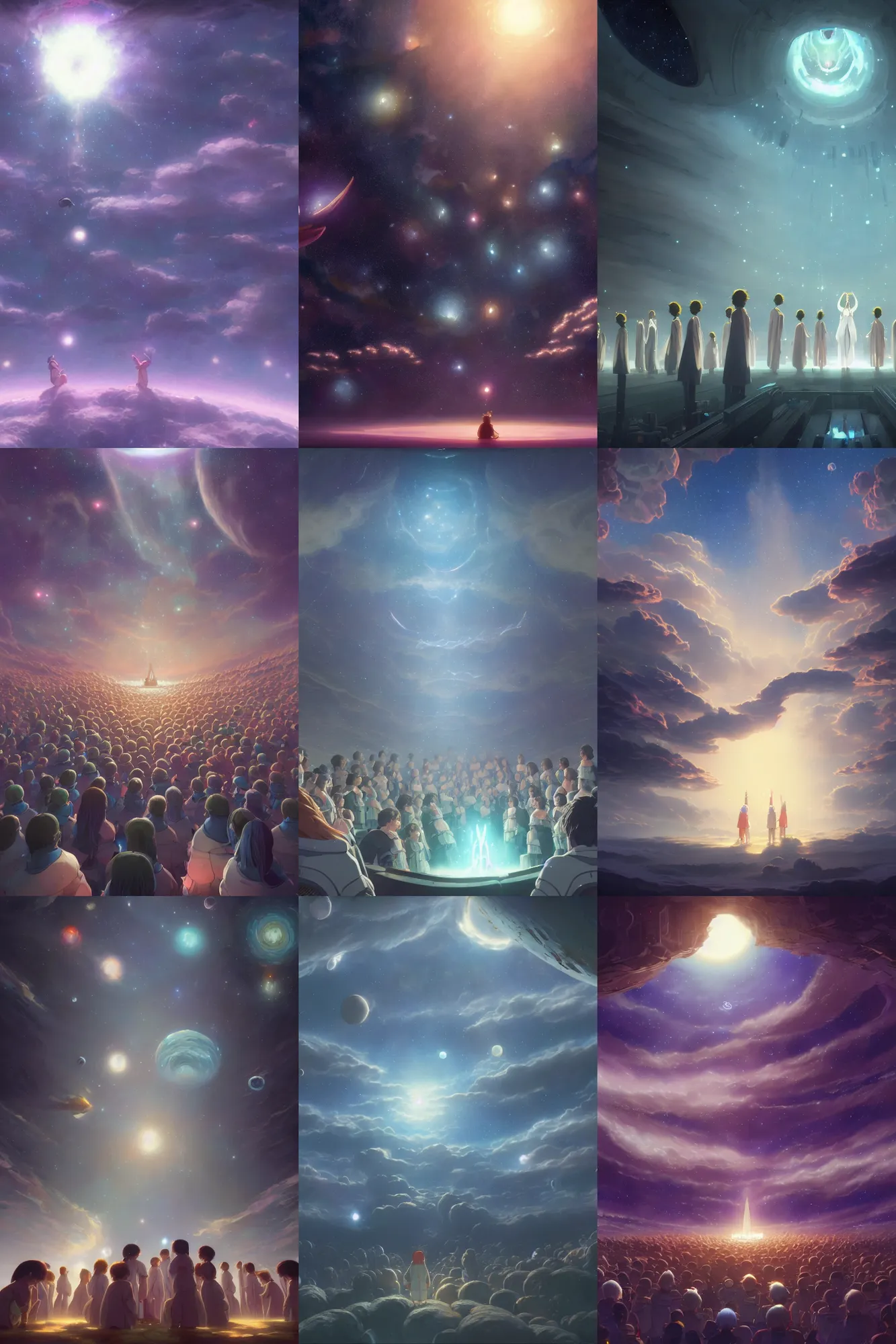 Prompt: a highly detailed matte painting of a cosmic choir in space by studio ghibli, makoto shinkai, by artgerm, by wlop, by greg rutkowski, volumetric lighting, octane render, 4 k resolution, trending on artstation, masterpiece