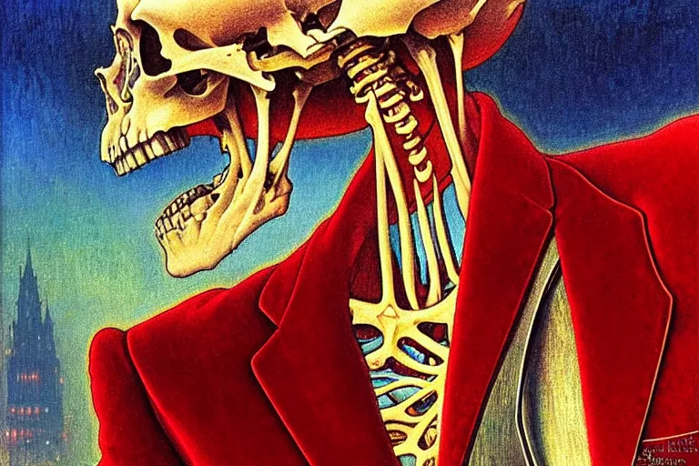 Image similar to realistic detailed closeup portrait painting of a single skeleton wearing red velvet blazer in a crowded futuristic moscow street by Jean Delville, Amano, Yves Tanguy, Alphonse Mucha, Ernst Haeckel, Edward Robert Hughes, Roger Dean, rich moody colours, blue eyes