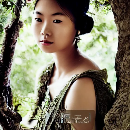 Image similar to portrait of asian girl in the costume of bird, sitting in the tree, jewellery, beautiful face, elegant, stylish, cool, deep gaze, emotionally touching, tenderness, high quality, photo realistic, work in the style of annie leibowitz