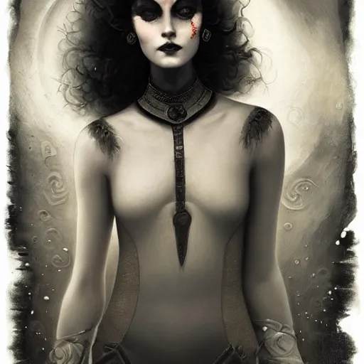 Prompt: By Tom Bagshaw, ultra realist soft painting of curiosities carnival by night, very beautiful single star in bodysuit, symmetry accurate features, very intricate details, ominous sky, black and white, volumetric light clouds