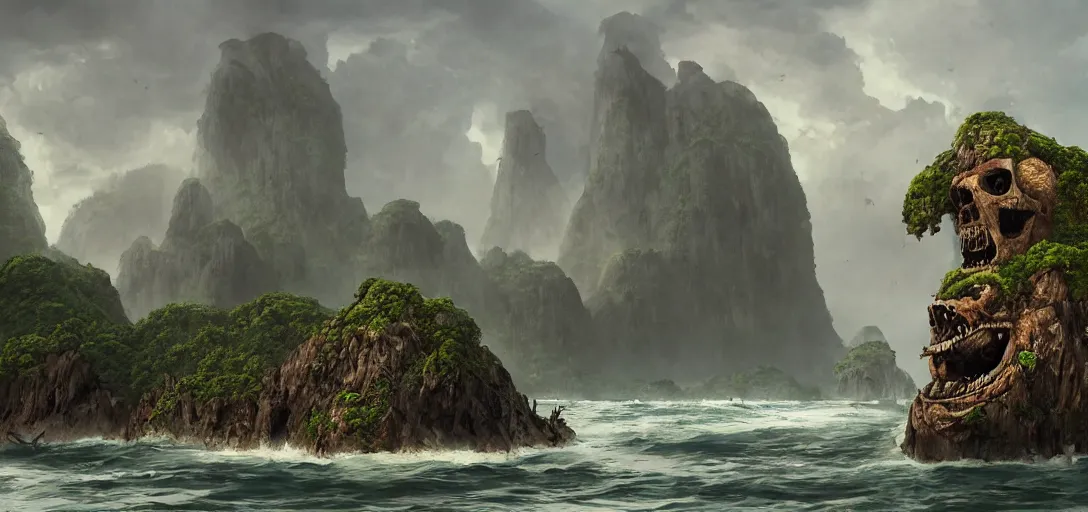 Image similar to skull Island, wooden fortress wall on a tropical island with ruff shore cliffs,landscape, raphael lacoste, eddie mendoza, alex ross, john howe, concept art, matte painting, highly detailed, rule of thirds, dynamic lighting, cinematic, detailed, denoised, centerd, clean render