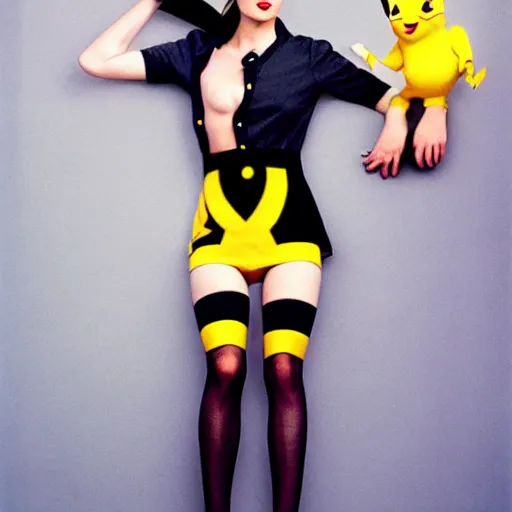 Image similar to elegant woman dressed up as pikachu, wearing stockings, modern photo by Annie Liebovitz,