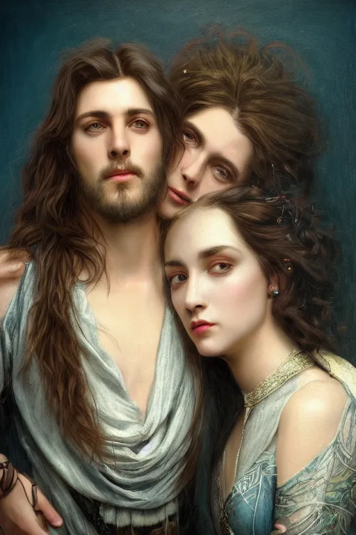 Prompt: a portrait of handsome young male rock star with long hair and his elegant beautiful bohemian wife, bored, illustration, dramatic lighting, soft details, painting oil on canvas, art nouveau, octane render, HDR, 4k, 8k, HD, by Edmund Blair Leighton, Brom, Charlie Bowater, trending on artstation, faces by Tom Bagshaw, Sargent