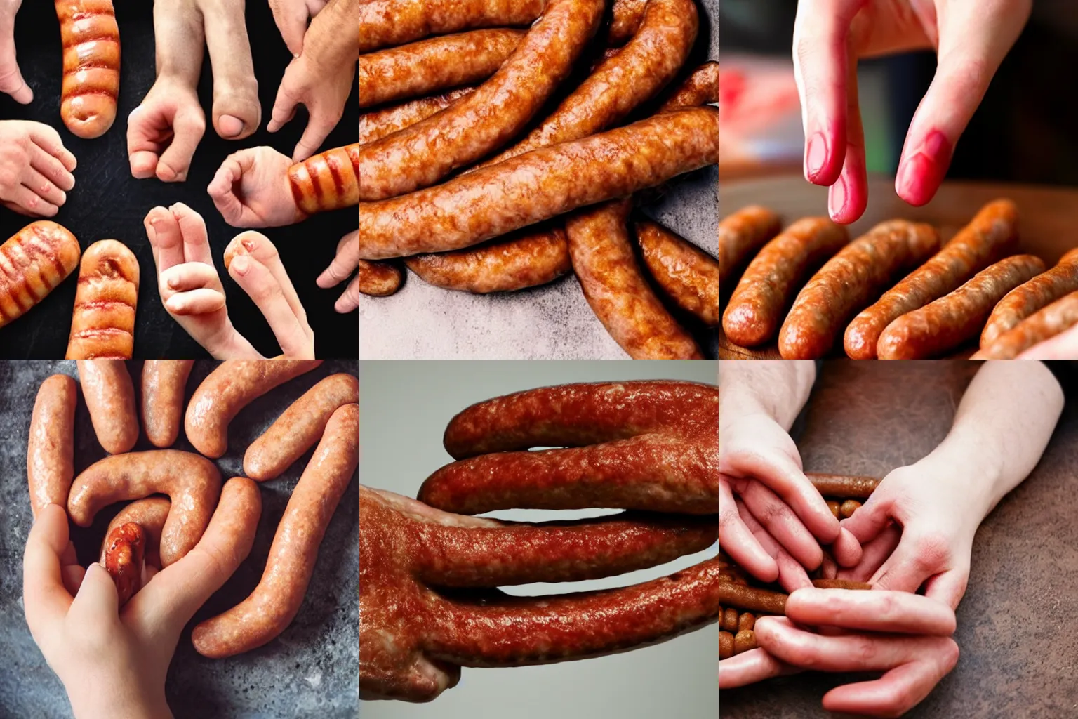Prompt: a human hand but all the fingers are sausages